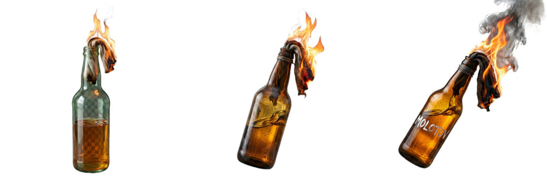 Molotov Cocktails Collection: High-Quality Images of Flaming Glass Bottles with Burning Rags, Isolated on White Background for Cinematic, Action, and Historical Projects