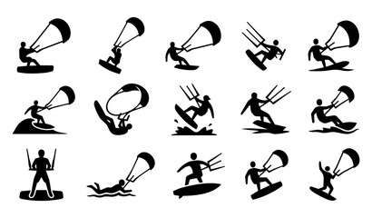 Kitesurfing Action and Rider Silhouette Icon Set © Mediasegment