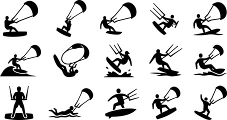 Kitesurfing Action and Rider Silhouette Icon Set © Mediasegment