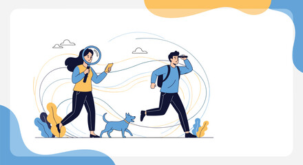 Fototapeta premium Adventurous couple searching or exploring outdoors, a woman with a magnifying glass and phone, a man with binoculars and a dog.
