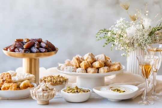 Modern middle eastern dessert table with dates, pastries and pistachios for eid or ramadan celebration background and party banner