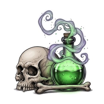 Human skull with a potion bottle and a bone isolated on white background