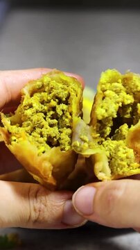Golden Fried Empanadas With ALGERIA harira Soup, Glass of Milk and Lemon Garnish on Plate