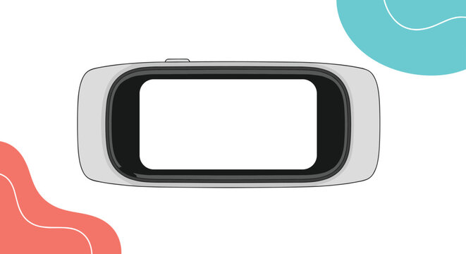 Modern virtual reality headset illustration with a blank white screen surrounded by colorful abstract liquid shapes on a clean background.