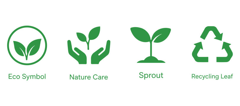 Eco and nature symbols with leaves sprouts hands and recycling icon on transparent.