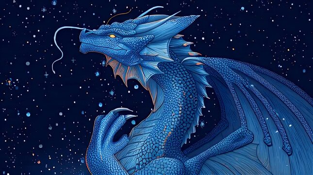 Majestic blue dragon guards glowing golden egg against star-filled night sky