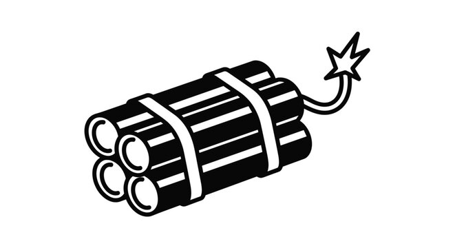 Bundle of four black dynamite sticks with white straps and a lit sparking fuse representing danger and explosive power in a simple icon.