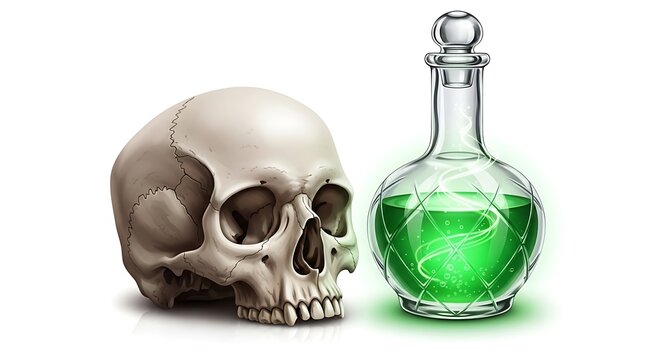 Human skull and a glass bottle with glowing green magic potion isolated on white background