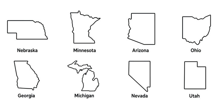 Outline map shapes of eight states in United States of America isolated on transparent grid.