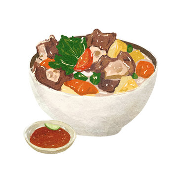 Hand-drawn doodle sketch illustration of traditional Indonesian oxtail soup served in a white bowl with vegetables and a side of chili sauce. Created in a charming handmade style with detailed line ar