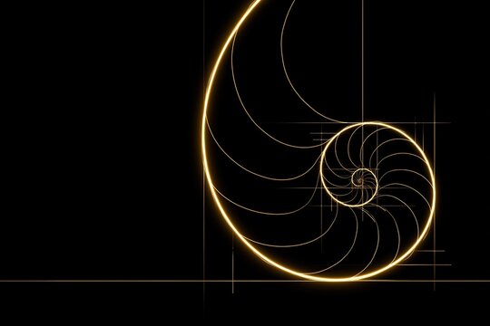 Fibonacci Spiral Glowing Golden Line Dark Background