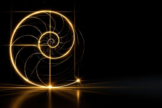 Fibonacci Spiral Glowing Golden Line Dark Background