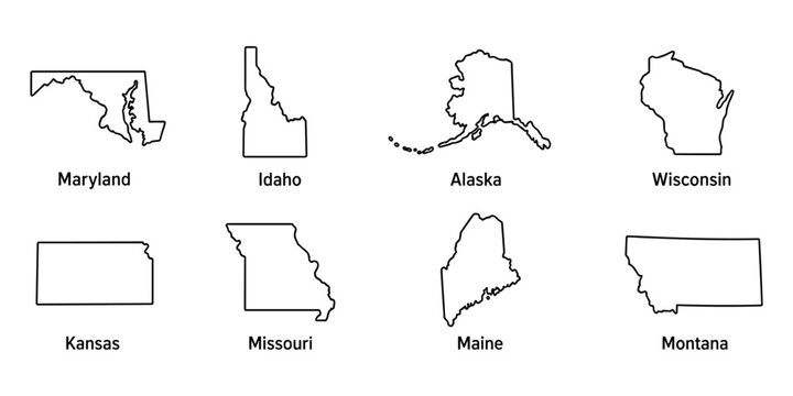 Set of eight us state border outlines including maryland idaho alaska and wisconsin icons.