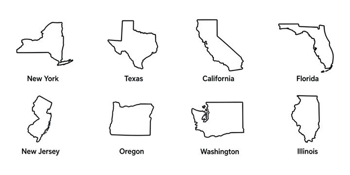 Minimalist black outline icons of new york texas california florida and other us states.
