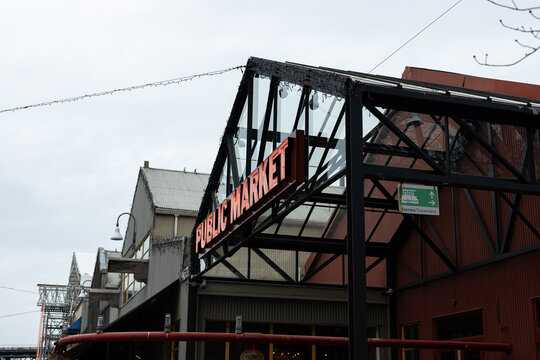 Vancouver, Canada - The iconic illuminated Public Market sign on Granville Island, one of Vancouver's most popular cultural and culinary destinations