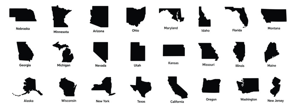 Complete collection of black solid silhouette maps representing various united us states.