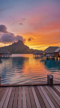 Luxury overwater bungalows resort in Bora Bora at sunset with mountain view from wooden deck