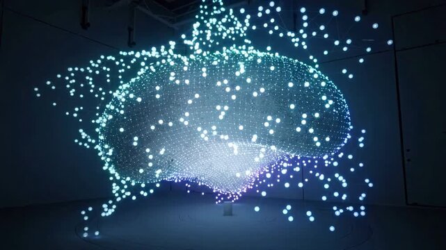 Glowing 3D brain light installation changing colors in a dark room. Artificial intelligence and neural network concept