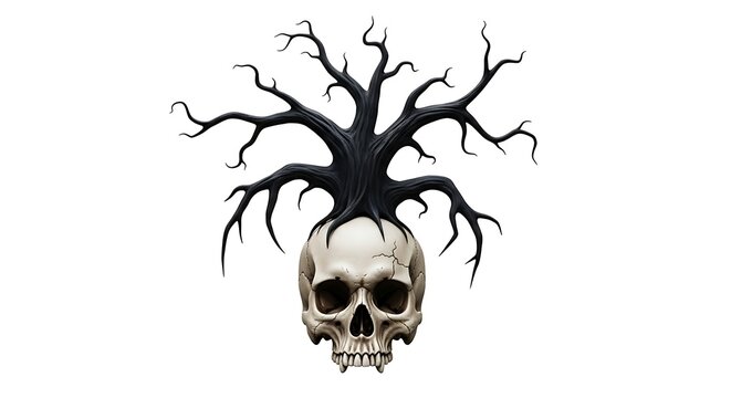Human skull with a dark gnarled tree growing out of it isolated on white background