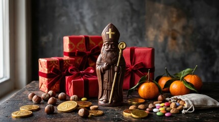 St nicholas day chocolate figurine with gifts and treats
