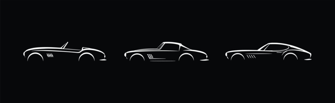 Three different body styles of classic sports car in white line art on black background.