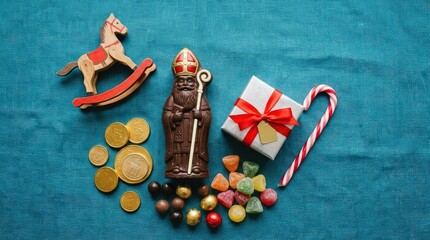 Saint nicholas day treats and toys on blue fabric background