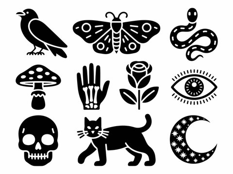Mystical occult symbols collection including crow moth snake mushroom hand rose eye skull cat and moon flat vector icons for spiritual and esoteric design