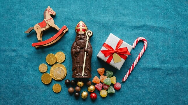 Saint nicholas day treats and toys on blue fabric background