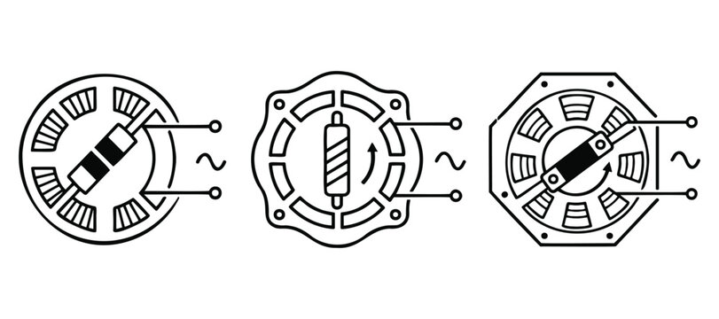 Set of three linear electric motors with a rotor on a transparent background.