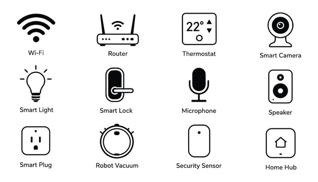 Set of smart home technology icons on a transparent background.