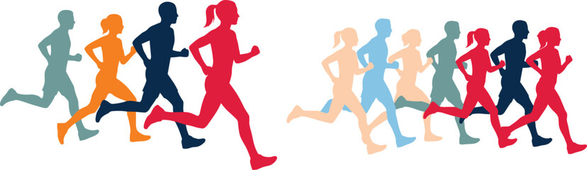 Obraz premium Colorful Running People Silhouettes Group of Marathon Runners Jogging Isolated on White Background