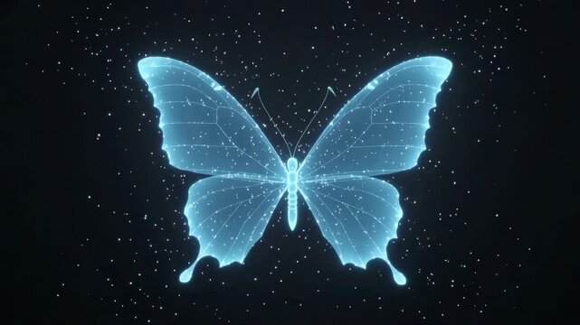 Glowing blue holographic butterfly on a dark background. Magical sparkling particles and light flares on shimmering wings. Futuristic fantasy animation