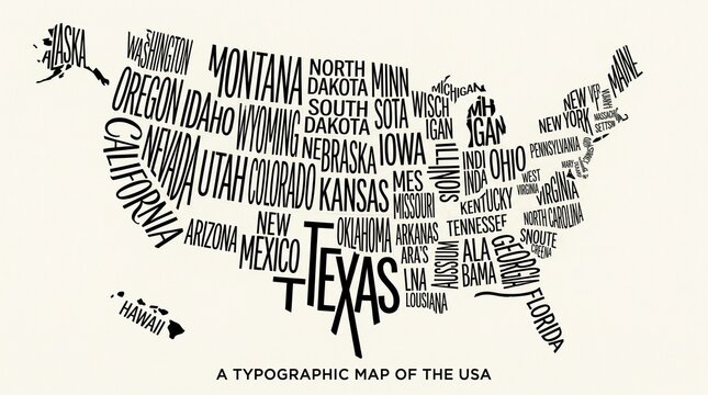 Typographic USA map, word art illustration, states text design, geographic typography