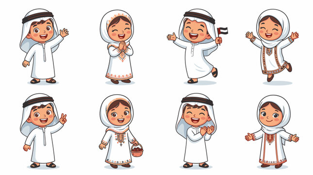 Cartoon Arabic kids in white robes.