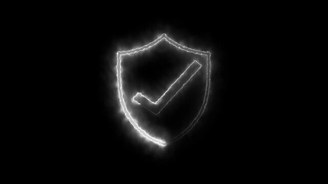 abstract glowing Neon white shield tick mark icon animation on black background.