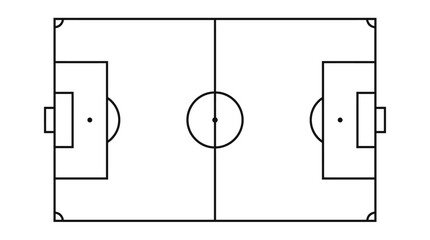 Simple line drawing of a soccer field with goals and markings on a white background in a minimalist style. © Dhiyak