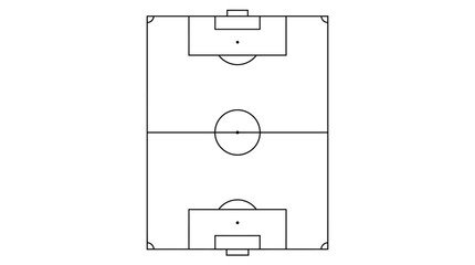 Technical drawing of a soccer field with goal areas and center circle on a white background in a minimalist line art style. © Dhiyak