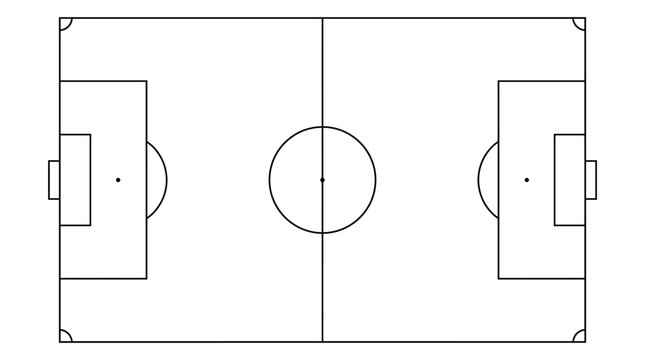 Line drawing of a soccer field with goals on both ends and a central circle on a white background.
