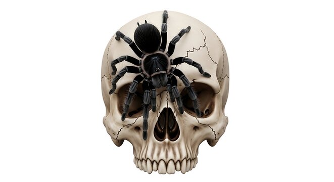 A black tarantula spider resting on a human skull isolated on white background