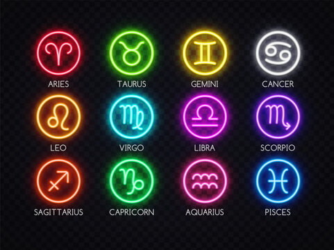 Bright zodiac neon icons in circular frames with luminous glow. Astrology symbol pack for horoscope template, cosmic poster and spiritual illustration.