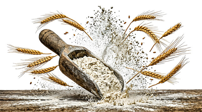 Flour exploding from wooden scoop with wheat ears
