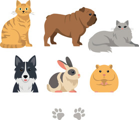 Fototapeta premium Cute Domestic Pet Vector Icon Set with Cat Dog Bulldog Rabbit Hamster and Paw Prints for Veterinary Clinic Pet Care and Animal Welfare Branding Designs