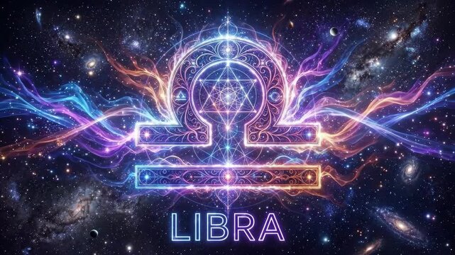 Glowing neon text LIBRA below zodiac symbol. Mystical scales of justice in deep space with colorful nebulae and stars