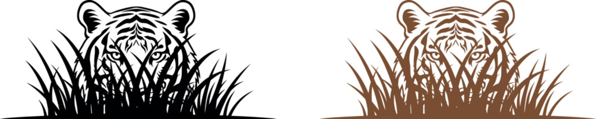 Fototapeta premium Two variations of a tiger's head peering through tall grass black and sepia tones isolated on transparent background