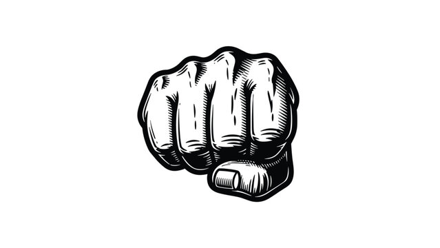 Powerful woodcut style engraving of a clenched human fist seen from the front representing strength power and resistance on a white background.