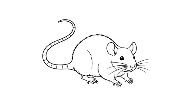 Simple line drawing of a small mouse standing alert with a long curved tail and whiskers on a clean white background for a coloring page.