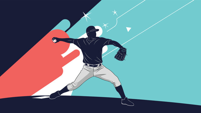 Dynamic silhouette of a baseball pitcher in the middle of a throw with a stylized background of circles and lines in teal and orange colors.