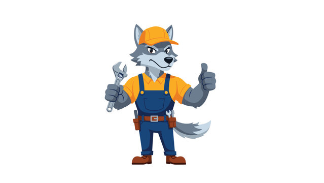 Cool cartoon wolf character dressed as a construction worker in overalls and a hard hat holding a wrench and giving a thumbs up gesture.