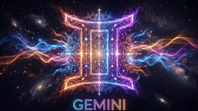 Vibrant neon Gemini zodiac symbol floating in deep space. Colorful cosmic energy streams and glowing stars surround the ornate astrological graphic with text