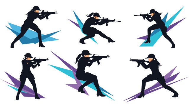Collection of female soldier silhouettes in various tactical combat positions holding assault rifles on abstract backgrounds.